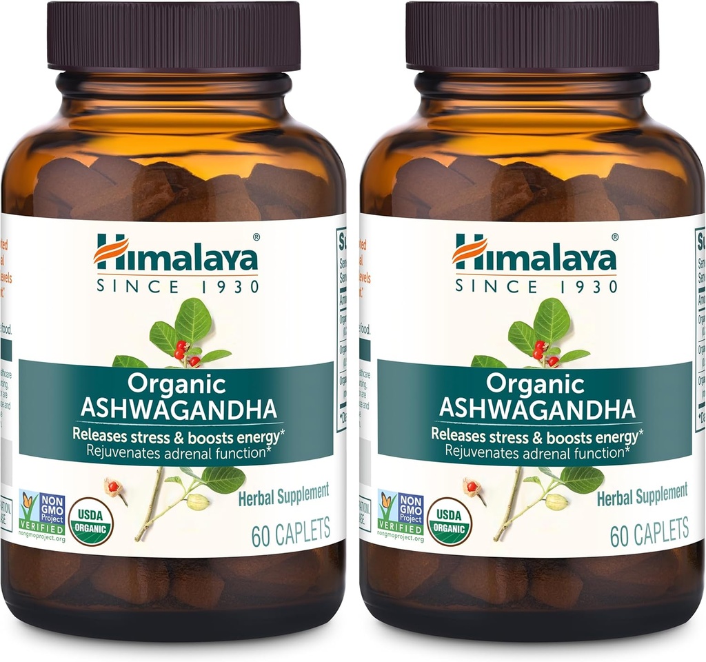 Himalaya Organik Ashwagandha, 120 Day Supply, Herbal Supplement for Stress Relief, Energy Support, Occasional Sleeplessness, USDA Organic, Non-GMO, Vegan, Gluten Free, 670 mg, 60 Caplets, 2 Pack