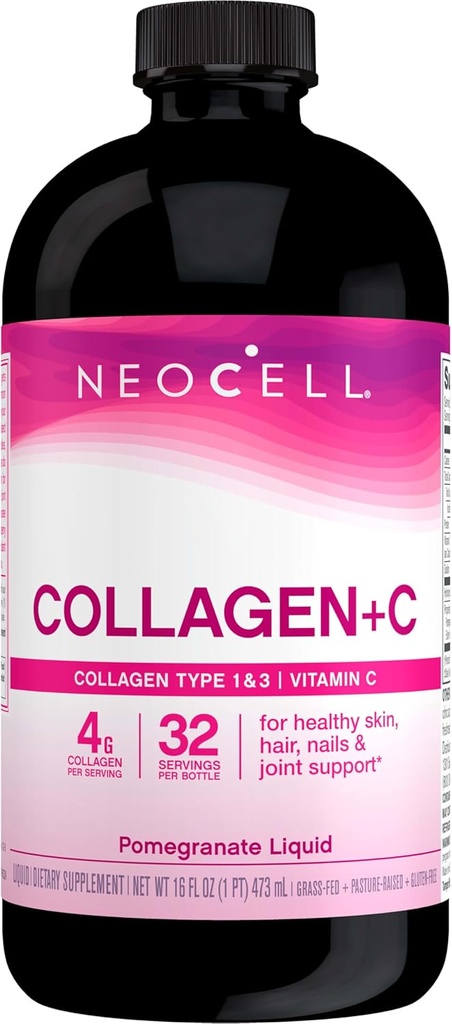 NeoCell Collagen, + Vitamin C Liquid, 4g Collagen Per Service, Gluten Free, Tip 1 & 3, Sağlıklı Cilt, Saç, Nails & Ortak Destek, Pomegranate, 16 Oz Collagen