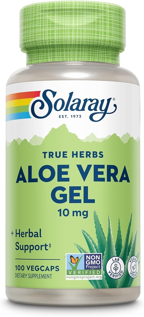 SOLARAY Aloe Vera Gel Concentrate 200X - Equivalent to 2000mg Fresh Gel, Aloe Vera Capsules with Ginger, Peppermint and Parsley, Herbal Wellness Support, Vegan, Non-GMO, 60-Day Guarantee, 100 Servings