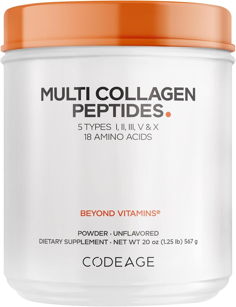 Codeage Multi Collage Protein Peptides, Hydrolyzed Collagen for Women & Men, Collagen Συμπληρώματα, Grass Fed Broth, 2-Month Supply, Unflavored, Type 1, 2, 3, 5 & 10, Non-GMO - 20 OZ