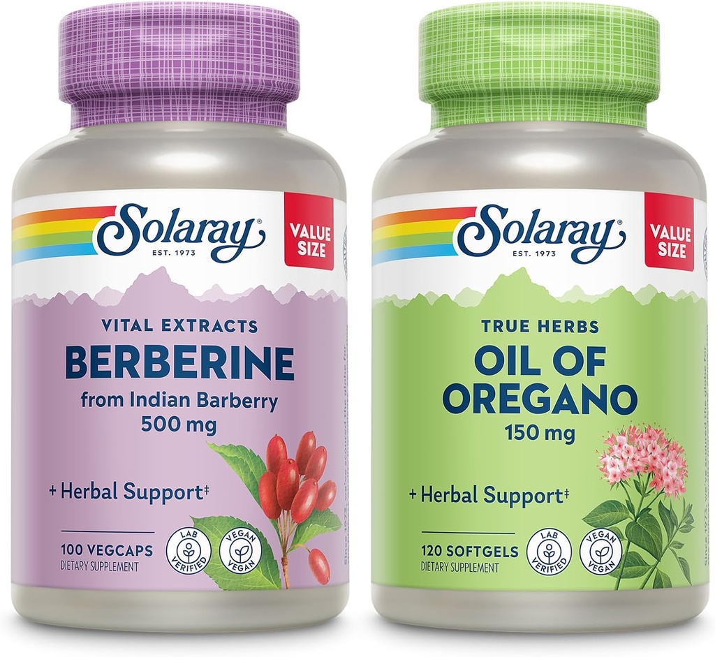 SOLARAY Berberine ve Oregano Sche Petrol - Hint Barberry Plus Oregano Oil Supplement for Powerful Wellness Support - 100 VegCaps/120 Softgels