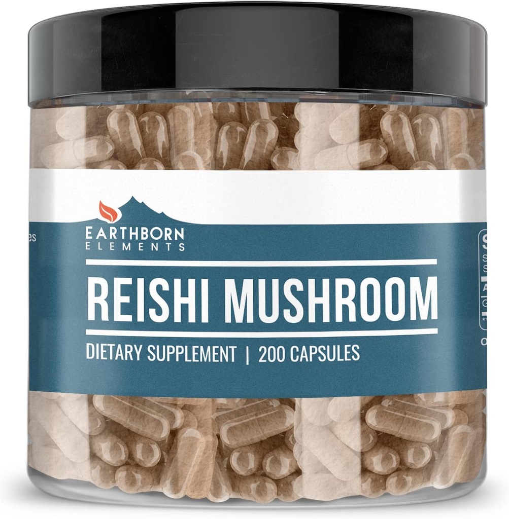 Earthborn Elements Reishi Mushroom 200 Capsules, Pure & Undiled, No Wordss