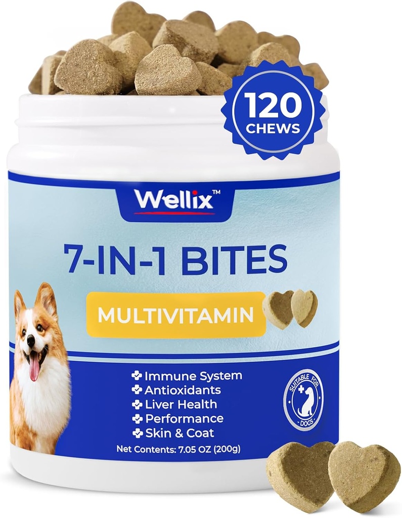 Wellix Köpek Vitaminleri ve Tamamları - Köpekler, Skin & Coat, Hareketli Destek, Hip & Ortak Supplement, Immune System & General Health (120 Chews) için Çokvitamin Çekilebilir Tedaviler