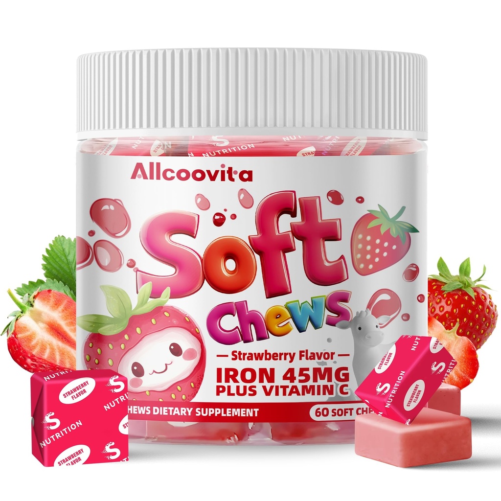 Iron Soft Chews Supplement with Vitamin C | Strawberry Flavored | Gluten Free | Iron Supplement for Women Men and Kids | 60 Count | 2 Ay Supply