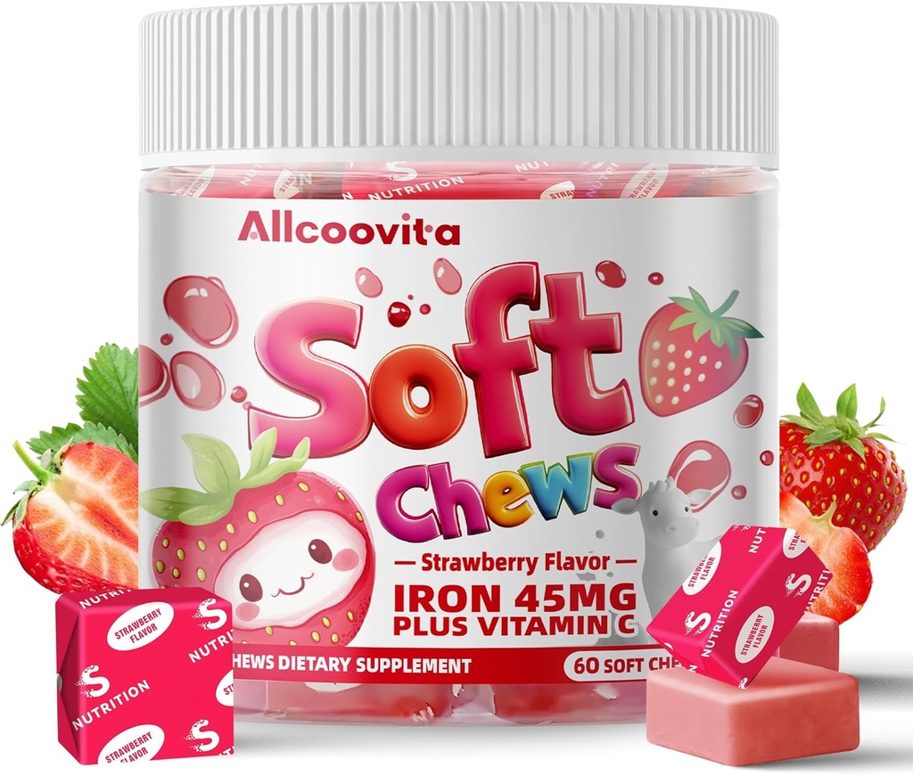 Iron Soft Chews Supplement with Vitamin C | Strawberry Flavored | Gluten Free | Iron Supplement for Women Men and Kids | 60 Count | 2 Ay Supply
