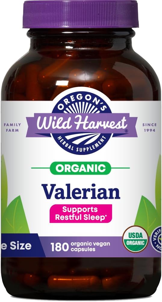 Oregon'un Wild Harvest Non-GMO Organik Valerian Capsules Un Habit Form Herbal Sleep Aid, Melatonin Free, 180Count