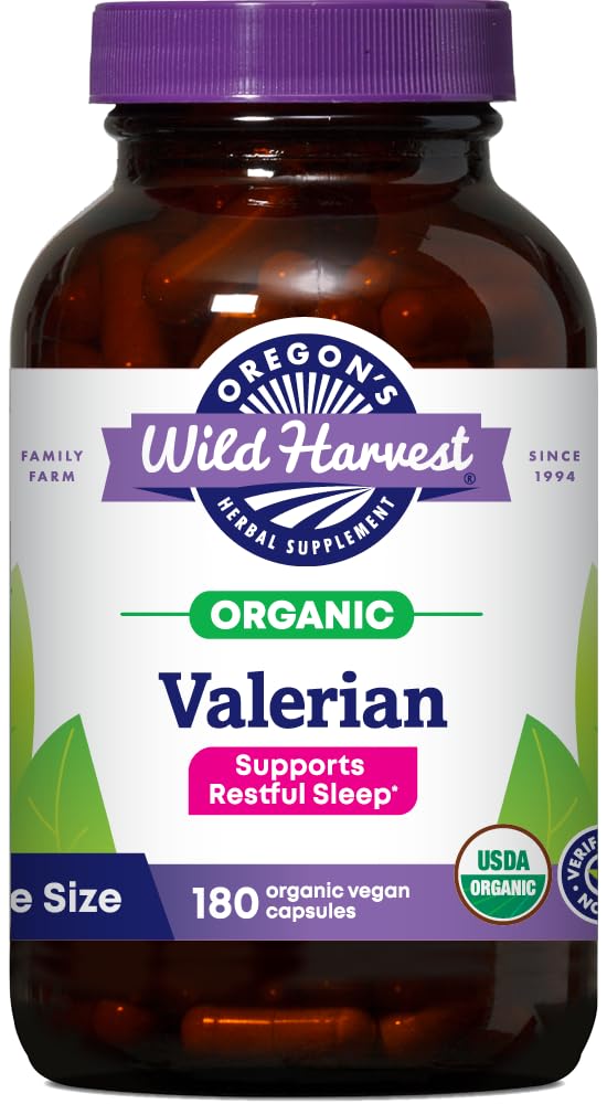 Oregon'un Wild Harvest Non-GMO Organik Valerian Capsules Un Habit Form Herbal Sleep Aid, Melatonin Free, 180Count