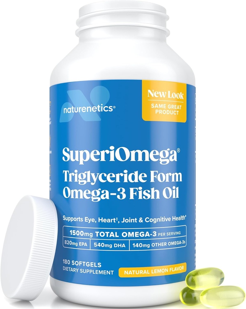 Triglyceride Omega 3 Fish Oil – High EPA & DHA for Eye, Joint, Heart & Brain Support – Omega-3 Fatty Acids – Lemon Flavor – 180 Softgels – 90 Day Supply