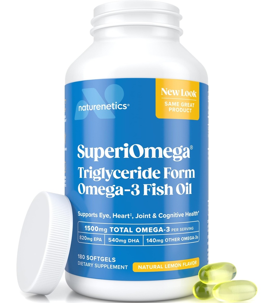 Triglyceride Omega 3 Fish Oil – High EPA & DHA for Eye, Joint, Heart & Brain Support – Omega-3 Fatty Acids - Lemon Flavor – 180 Softgels – 90 Day Supply