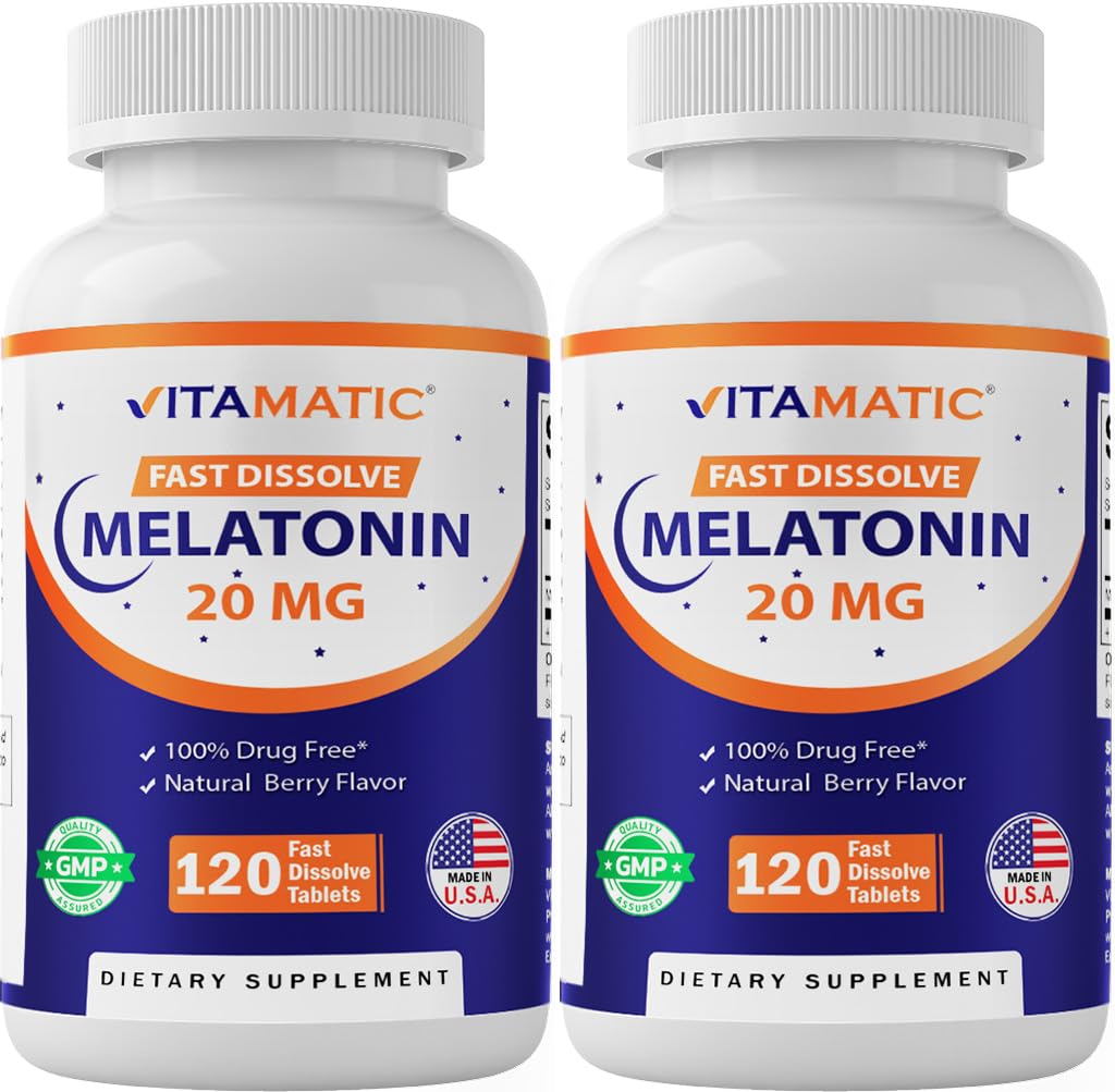 Vitamatic 2 Pack Melatonin 20 mg Fast Dissolve 120 Tablet - Natural Berry Flavor | Vegetarian, Non-GMO, Gluten Free (Top 240 Tablet)
