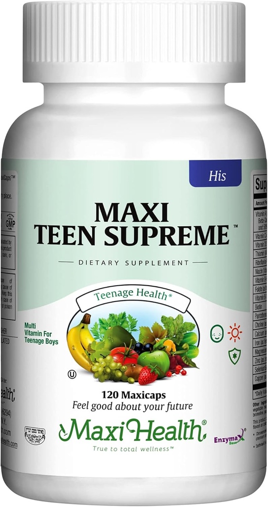 Maxi Health Multivitamin for Him – 12-17 Teen Supreme için Erkek Vitaminleri – Erkeklerin Enerji için Çok Vitamini, Immune Boost, Body & Brain D3, Iron,uba, Digestive Enzymes (120 Kont)