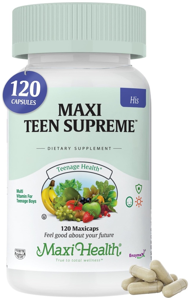 Maxi Health Multivitamin for Him – Boys Vitamins for Ages 12–17 Teen Supreme – Ανδρική Πολυβιταμίνη για την ενέργεια, ανοσοενισχυτικό, σώμα & εγκέφαλος περιλαμβάνει D3, σίδηρο, ασβέστιο, Digestive Enzymes (120 Count)