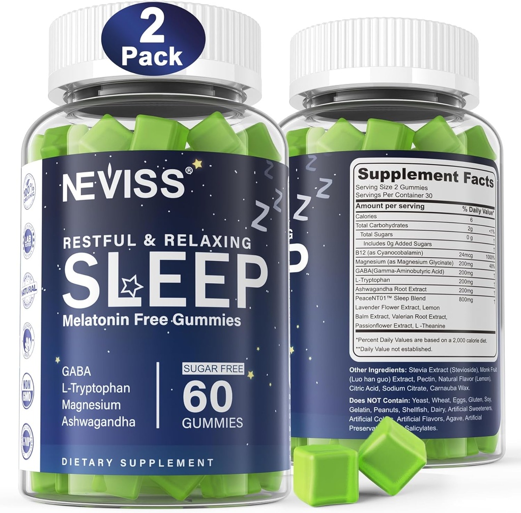 NEVISS Melatonin Free Sleep Aid Gummies for Yetişkinler - Magnezyum Glycinate Gummies | GABA, L-Tryptophan, Magnezyum, Ashwagandha - Non-Habit Form, Help for Deep Relaxation - Vegan, Lemon Flavor, 2Pack