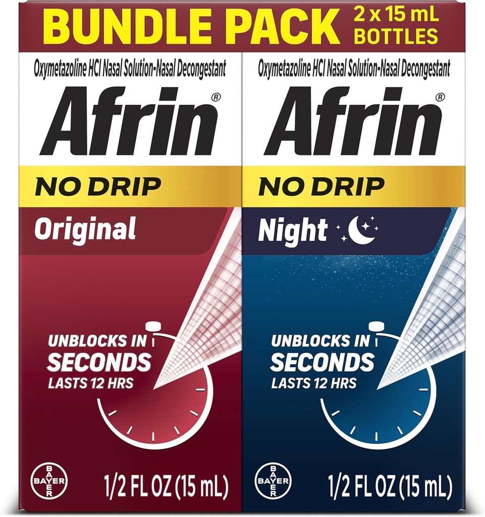 Afrin No Drip Original + Night Nasal Mist Sche, Non-Drowsy, Fast-Acting Decongestant for Nasal Congestion and Sinus Basınç Yardımı, Yetişkinler ve Çocuklar 6 ve Yaşlı, .5 fl oz (Pack of 2)