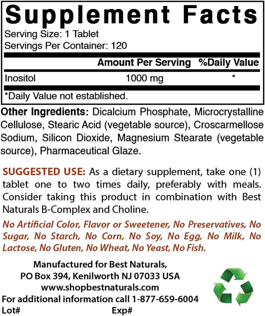 Best Naturals Ινοσιτόλη 1000mg & συμπλήρωμα γλυκίνης 1000 Mg