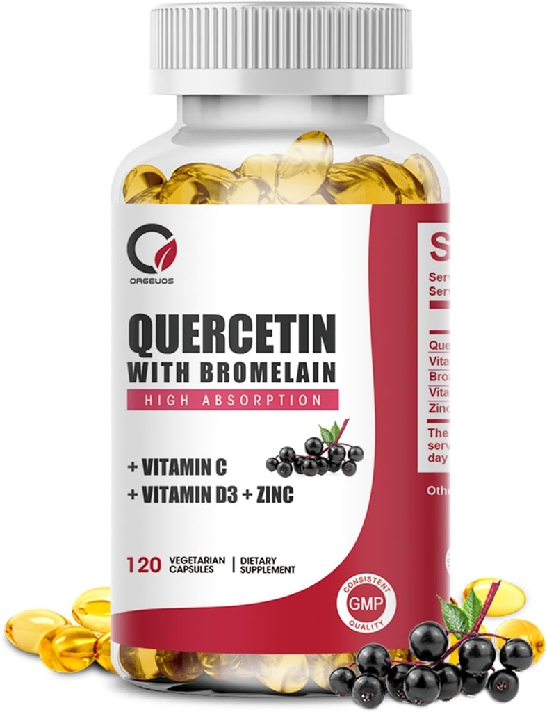 Bromelain ile 1000 mg, C & D3, çinko, Bromelain Quercetin Supplements for Men & Women, Non-GMO & Gluten Free, 120 Capsules