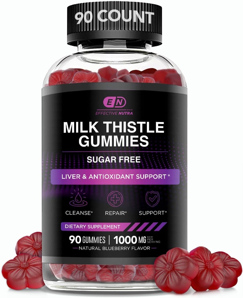 EFFECTIVE NUTRA Milk Butle Gummies | Sugar-Free Milk Butle Extract 1000 mg for Liver Detox & Antioksi Support | Vegan, Gluten-Free| 45-Day Supply, Natural Berry Flavor, Made in USA (90)