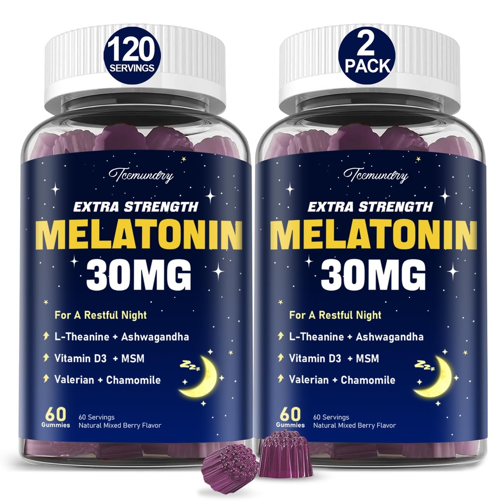 Melatonin Gummies 30mg for Yetişkinler: L-Theanine ile maksimum Güç Melatonin Supplement, Ashwagandha, MSM, Vitamin D3 & çinko - Non-Habit Form, For Rest Cycle, Deep Zzzs, Natural Karma Berry Flavor