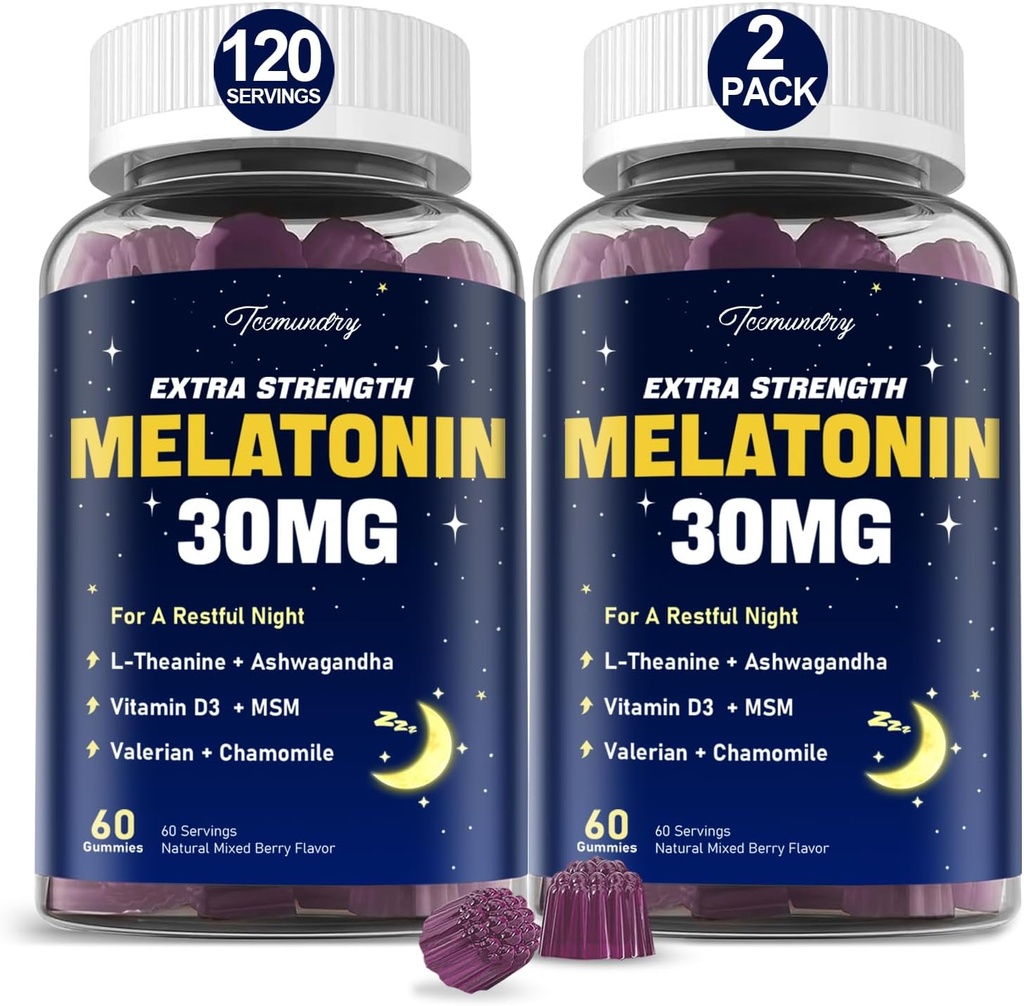 Melatonin Gummies 30mg for Yetişkinler: L-Theanine ile maksimum Güç Melatonin Supplement, Ashwagandha, MSM, Vitamin D3 & çinko - Non-Habit Form, For Rest Cycle, Deep Zzzs, Natural Karma Berry Flavor