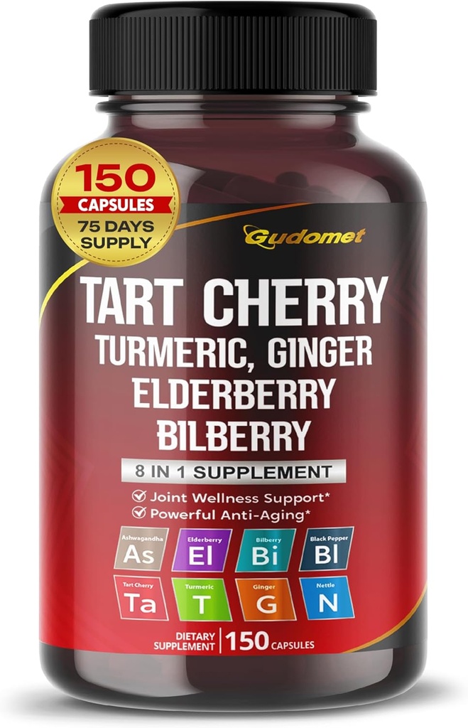 Tart Cherry Turmeric Ginger Sting Ashwagandha Elderberry Bilberry Black Pepper -150 Capsules- Made in USA