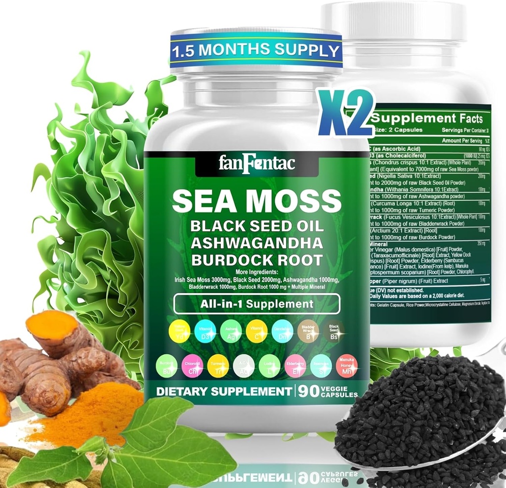 Sea Moss 7000mg - Μαύρο Έλαιο Σπόρου 2000mg - Ashwagandha 1000mg - Bladderwrack 1000mg - Κουρκουμάς 1000mg - Burdock 1000mg - Βιταμίνη C 90mg - Βιταμίνη D3 1000IU - Πολλαπλά Ορυκτά 350mg - 180 κάψουλες