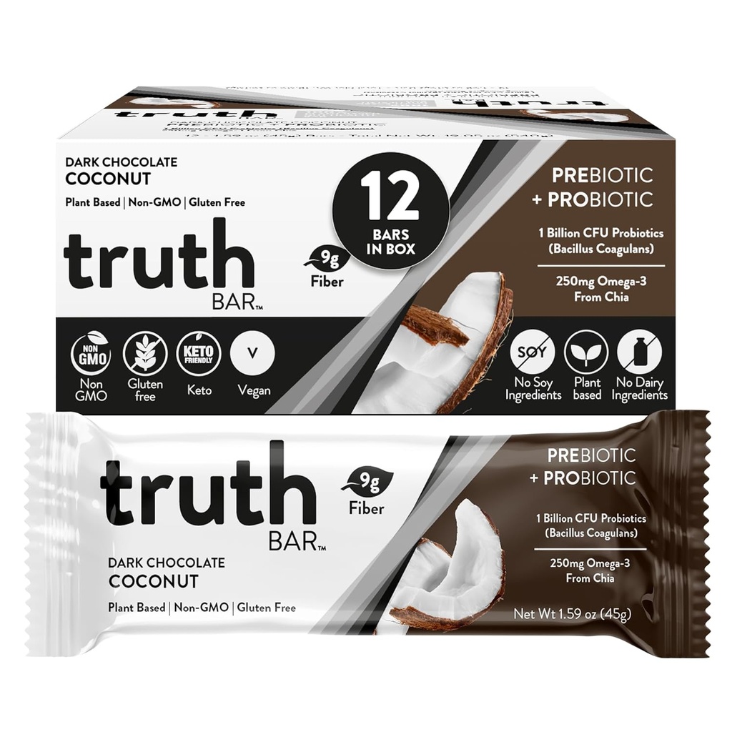 Gerçek Bar Sağlıklı Snack, Omega 3, Chia, Plant bazlı, prebiyotikler ve Probiyotikler, Yüksek fiber, Low şeker, Keto, Kosher, Dark Chocolate, Vegan, Gluten Free, 12 Ct, 45g ea.
