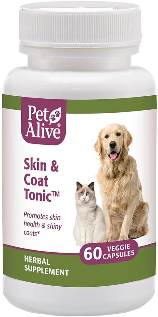 PetAlive Skin and Coat Tonic - Όλα τα φυσικά φυτικά συμπλήρωμα για την υγεία της γάτας και του σκύλου και γυαλιστερό, γυαλιστερό παλτό - 60 Veggie Caps