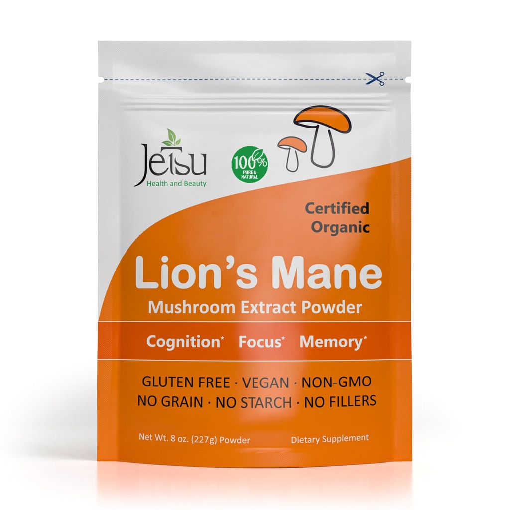 Jetsu Lions Mane Mushroom Toz, Organik, Vegan, Non-GMO Extract Supplement. Beyin Sağlığını Desteklemek içinotropic, Nöron Büyümesini ve Immune Sisteminizi Clarity ve Focus için güçlendirin. (227g)