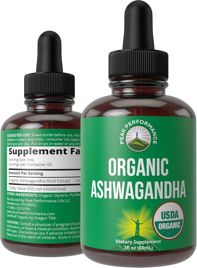 Ashwagandha Liquid Drops. USDA Organik Vegan Supplement. Kadınlar için Ekstra Güçlü Ashwagandha Kökleri, Erkekler, Çocuklar. Adaptogens ile. Zero Sugar, Organic, Gluten Free Tincture Supplements.