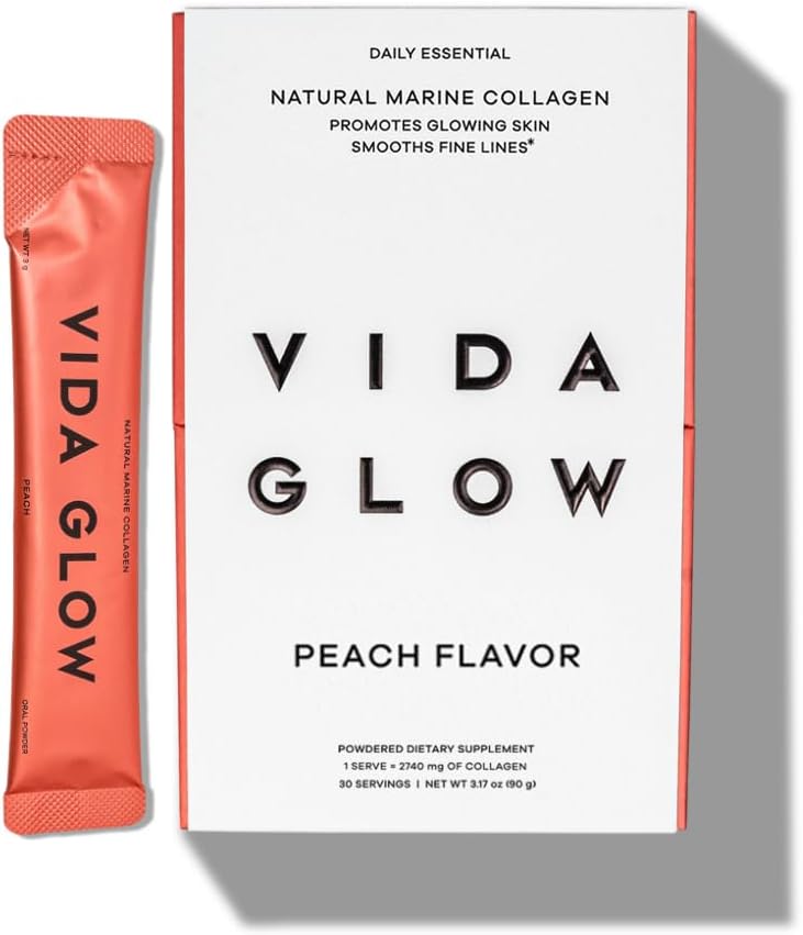 Vida Glow Marine Collagen Toz - Collagen, ile Anti Aging Supplement, Glowing Skin, Güçlü Nails, Sağlıklı Saç | 30 Hizmet, Peach Flavor