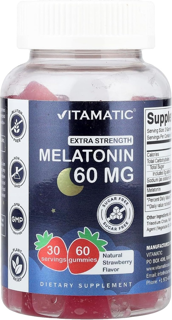 Vitamatic Sugar Free Melatonin 60 mg - 60 Vejetaryen Gummies - Non-Habit Form Supplement Supplement Supplement