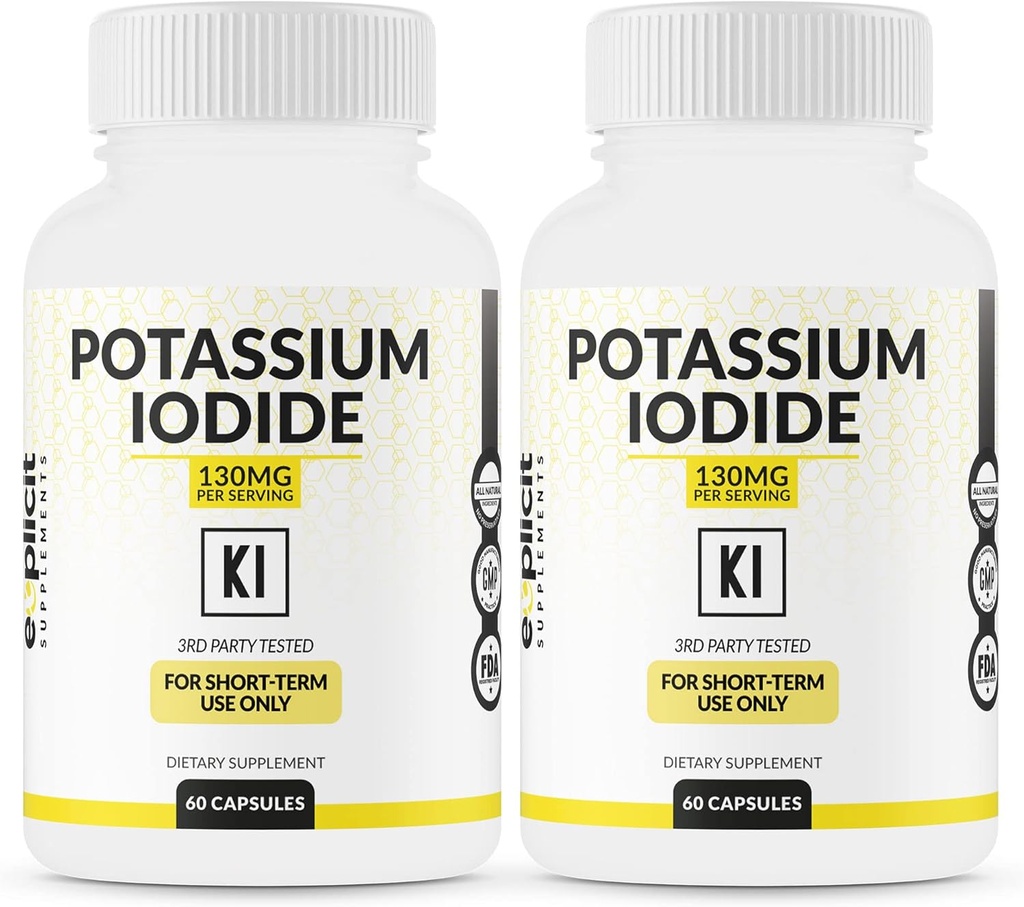 (2 Pack) Potassium Iodide Capsules 130mg Dose - 60 Servings - Thyroid Support & Defense - KI Potassium Iodine Thyroid Support Vitamins