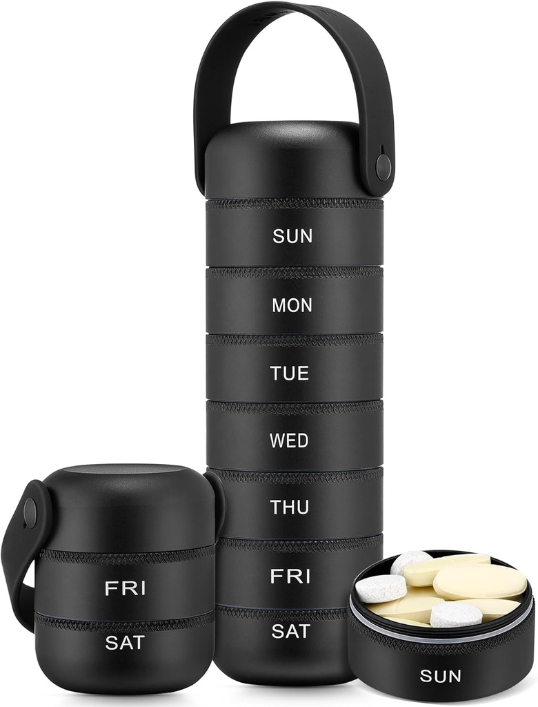 Zannaki Metal Weekly Pill Organizer, Large Travel Pill Box 7 Day, Waterproof Daily Pill Case with Silicone Handle, Aluminum Alloy Portable Pill Holder Container for Vitamin, Medicine, Supplement,Pills