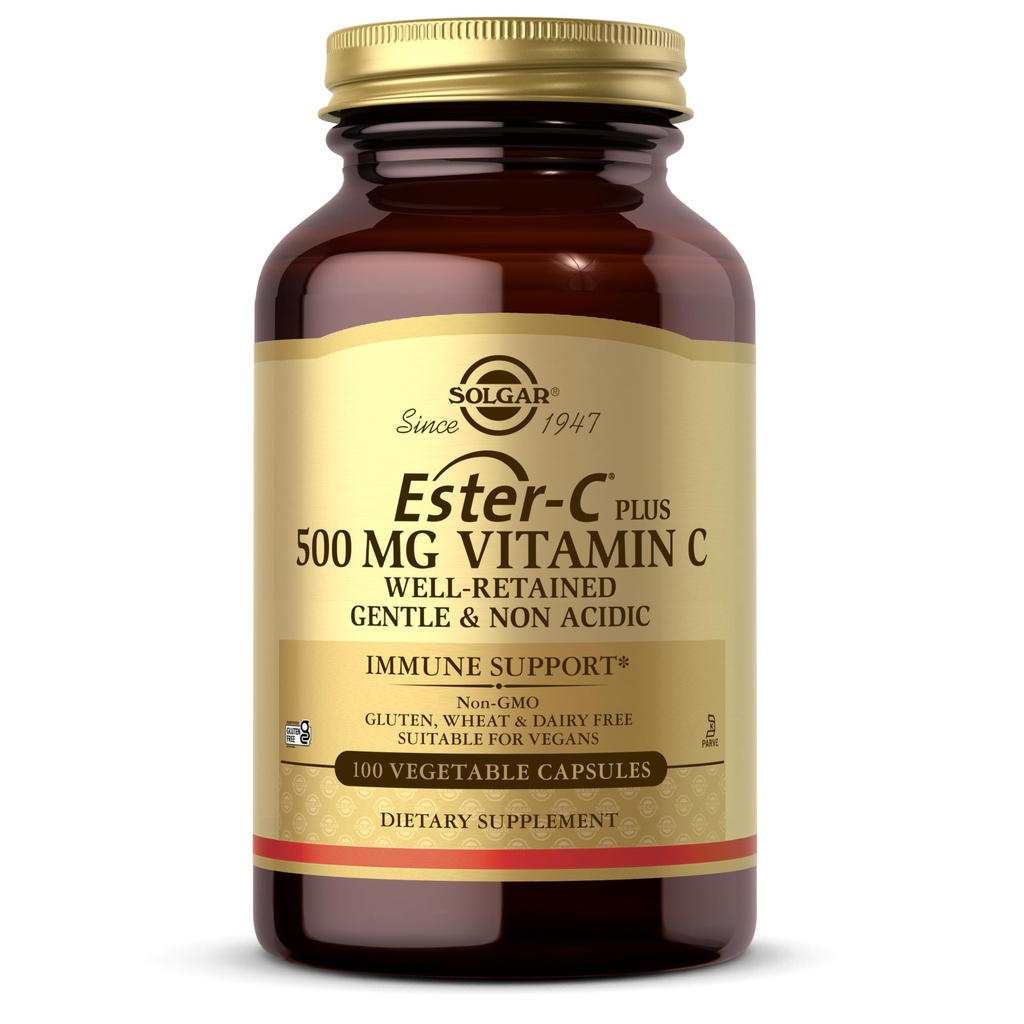 Solgar Ester-C Plus 500 mg Βιταμίνη C (Ascorbate Complex), 100 κάψουλες λαχανικών - Απαλές & Μη Οξικές - Αντιοξειδωτικό & Ανοσολογική Υποστήριξη - Μη ΓΤΟ, Vegan, Χωρίς Γλουτένη, Kosher - 100 Σερβιέτες