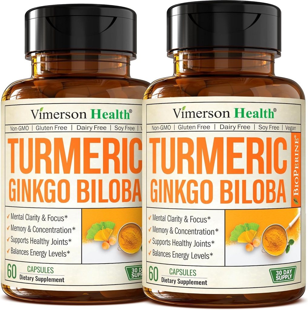 Ginkgo Biloba ve Turmeric Curcumin Supplement w/Black Pepper & Organic Tumeric – Natural Turmeric Supplement for Focus, Memory, Joint & Brain Health – Vegan Ginko Biloba Capsules w/Curcuma – 2 Pack
