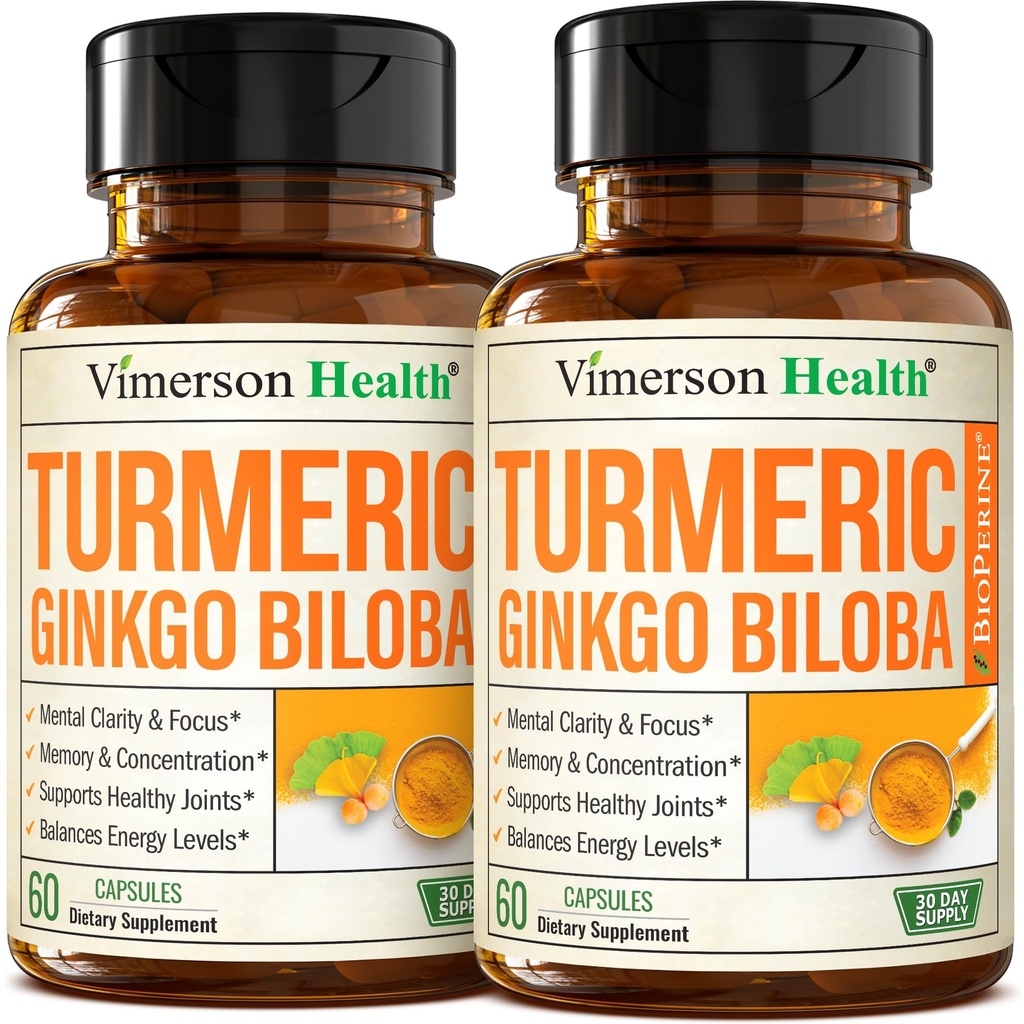 Ginkgo Biloba ve Turmeric Curcumin Supplement w/Black Pepper & Organic Tumeric – Natural Turmeric Supplement for Focus, Memory, Joint & Brain Health – Vegan Ginko Biloba Capsules w/Curcuma – 2 Pack