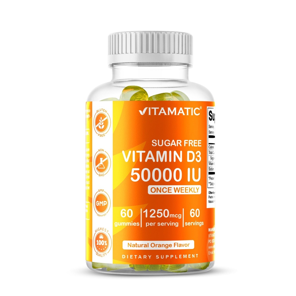 Vitamatic Sugar Free Vitamin D3 50,000 IU Weekly Supplement – 60 Pectin-Based Gummies High-Potency D for Bone, Teeth & Immune Support