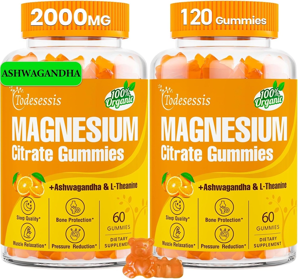 2 Packs - Kadınlar ve Erkekler için Magnezyum Citrate Gummies, Yüksek Abplastik Magnezyum Gummies with Ashwagandha & L-Theanine, for Immunity, Muscle & Bone Health - Vegan, Low Sugar, 120 Counts