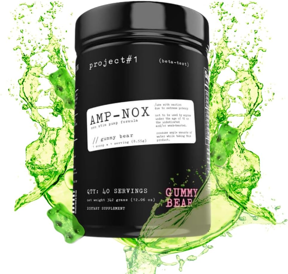 Project #1 AMP-NOX: Non-Stim Pre Workout Toz - Boost Focus, Pump, & Energy - Caffeine Free protein Ispanyalı Men & Women - Gummy Bear Flavor - 40 Hizmetler