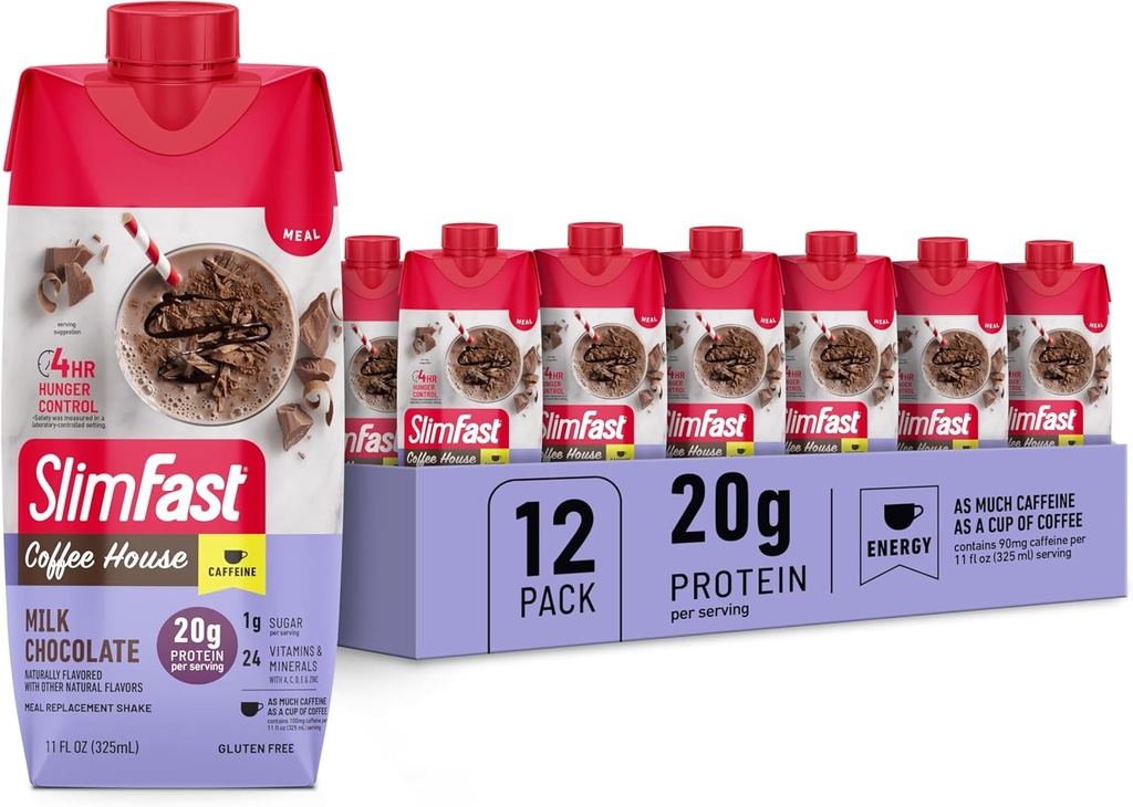 SlimFast protein Shake, NEW Milk Chocolate- 20g protein, Mealchange Shake içmeye hazır, Low Carb ve Low Sugar ile yüksek protein, 24 Vitamin ve Mineral, 11 Fl Oz (12 paketi)