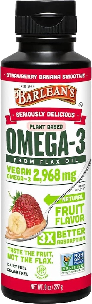 Barlean'ın Strawberry Banana Flaxseed Oil Liquid, Vegan Omega 3 6 9 Cold Pressed Flax Seed Oil 2,968 mg of Vegan Omegas, Non-GMO & Gluten Free, 8 ozzz