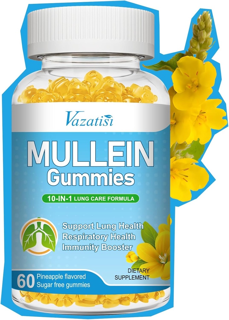 10 σε 1 Mullein Gummies για τους πνεύμονες, Mullein Leaf Extract με Bromelain, Quercetin, Μαγνήσιο - Lung Cleanse Υποστήριξη για την υγιή αναπνοή, 60ct