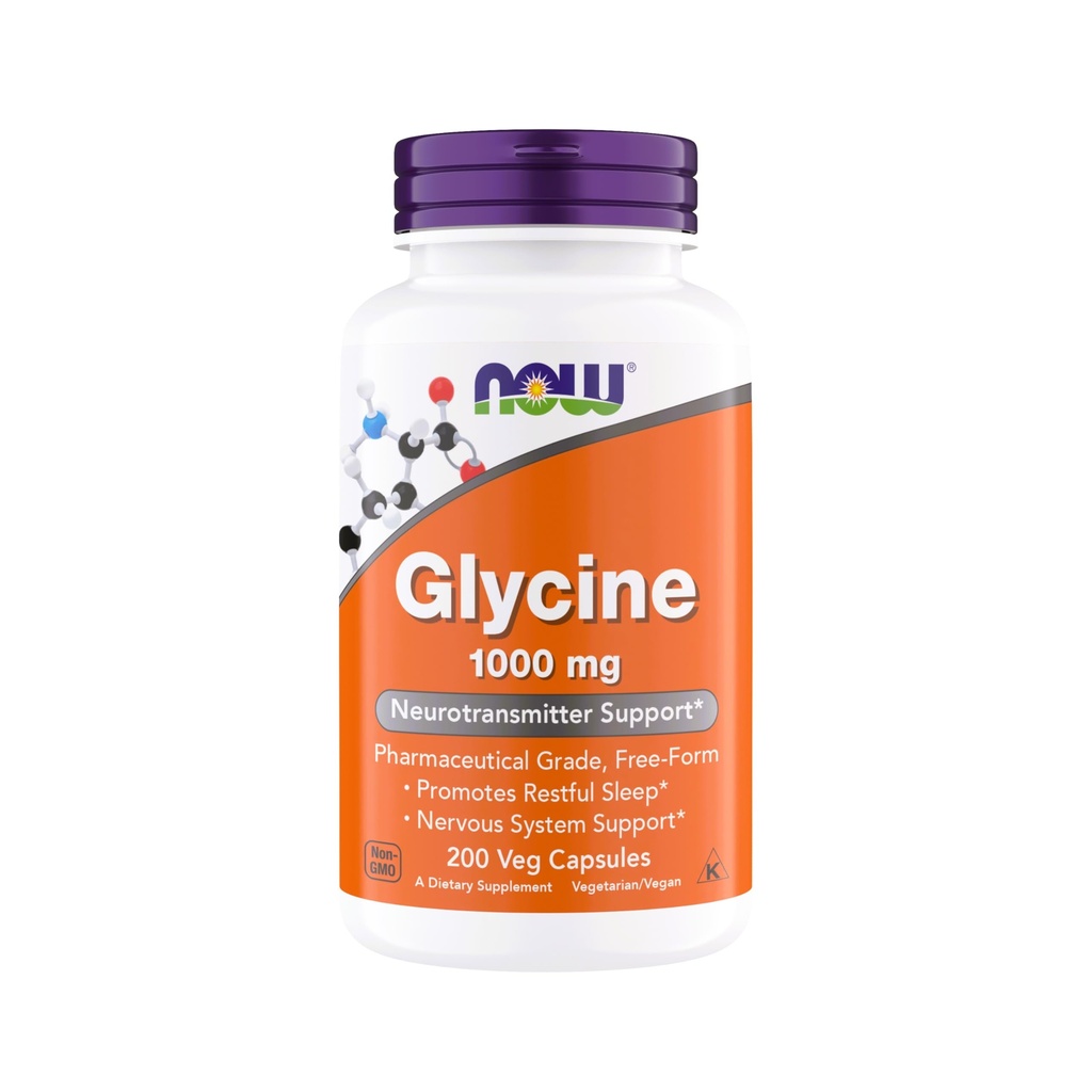 NOW Τρόφιμα Γλυκίνη 1000mg, Free-Form Pharmaceutical Grade, Neurotransmitter Support*, Προάγει τον ξεκούραστο ύπνο*, Χωρίς γλουτένη, Vegan, Kosher 200 Χορτοφαγικές κάψουλες (Pack of 1)