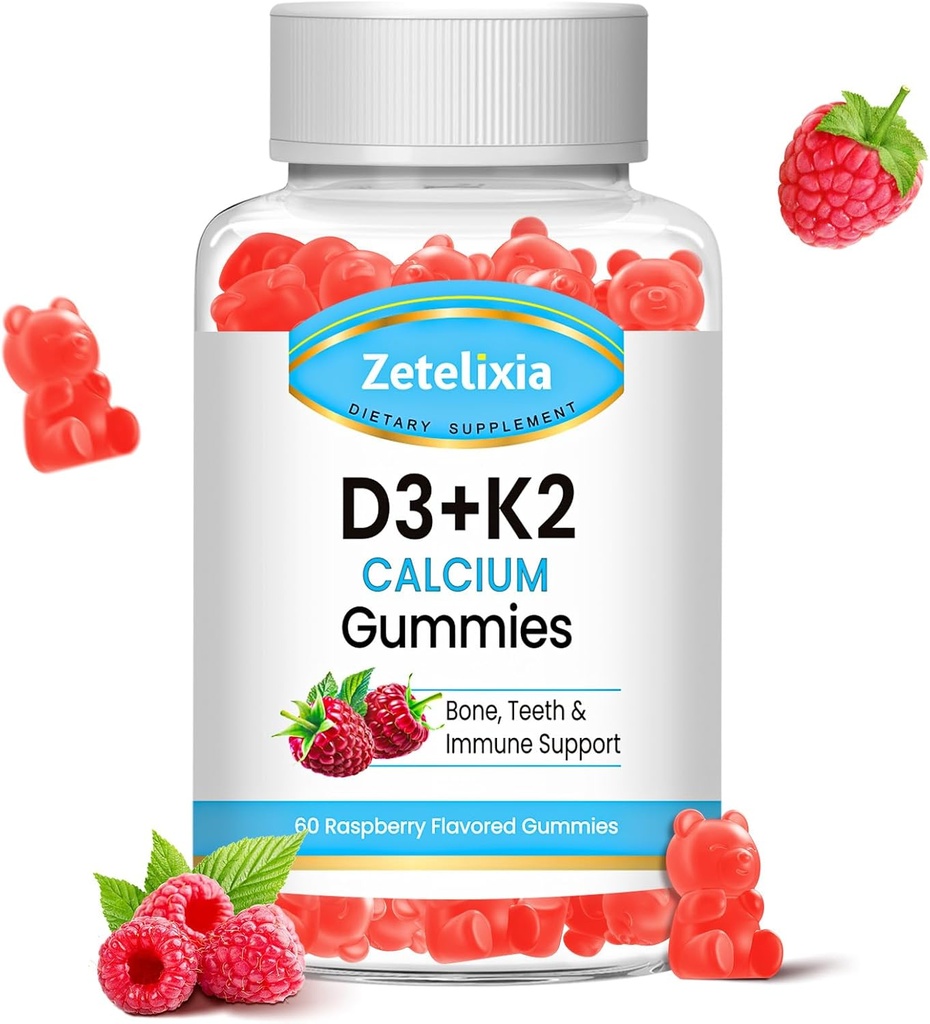 Sugar-Free Vitamin D3 K2 Gummies, Vitamin D3 2000 IU, K2 (MK7) 12006, B0ne & Immune Health, Vegan, Gluten Count Free, Raspberry Flavor, 60