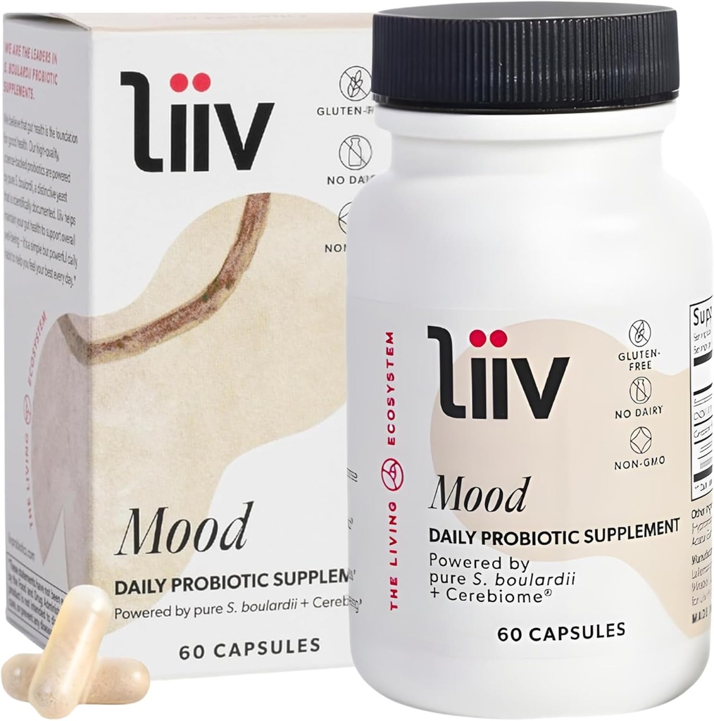 LiiV Mood Support Supplement – 8 Milyar CFU Men & Women Probiyotik – Daily Mood & Digestive Support Supplement – Whole Body Wellness, Powered by Saccharomyces boulardii & Cerebiome (60 Caps)