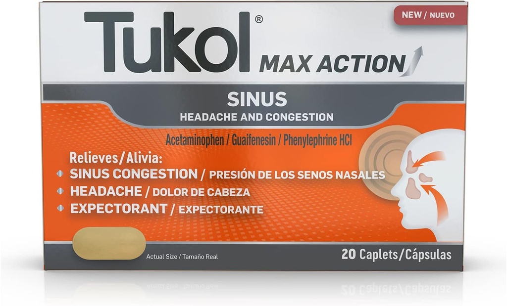TUKOL Max Action Sinus, Ağrı, Baş Ağrı Yardımı, Bekleyici, Non-Drowsy, 20 Count