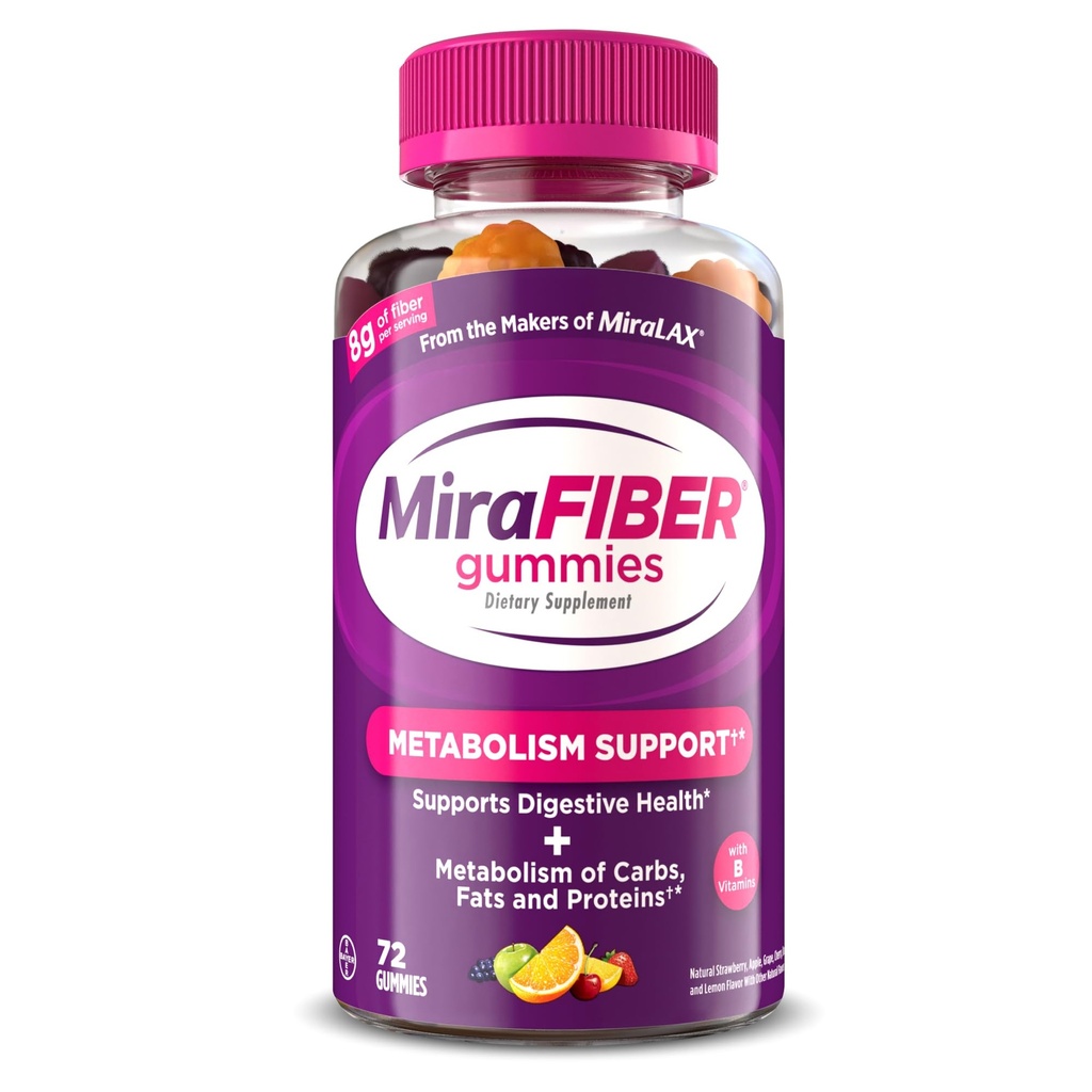 MiraFIBER Gummies από τους Κατασκευαστές του MiraLAX, 8g της καθημερινής Fiber ανά υπηρεσία, Μεταβολισμός Υποστήριξη με βιταμίνες Β, Ουλές Υγεία για τους άνδρες και τις γυναίκες, Προβιοτικές Ίνες Gummies για ενήλικες, Μικτή Γεύση Φρούτων 72Ct