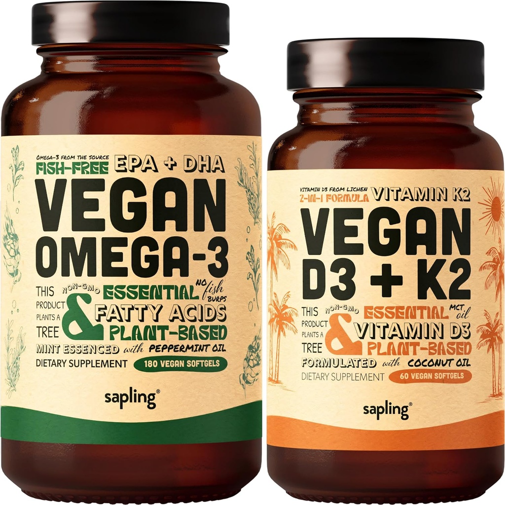Vegan Omega 3 180 Softgels & Vegan Vitamin D3 + K2 Supplement Sche - Plant-Based DHA & EPA Fatty Asits, 4000 IU Vitamin D3 ve 100mcg Vitamin K2 Mk7 - Tapioca Softgels