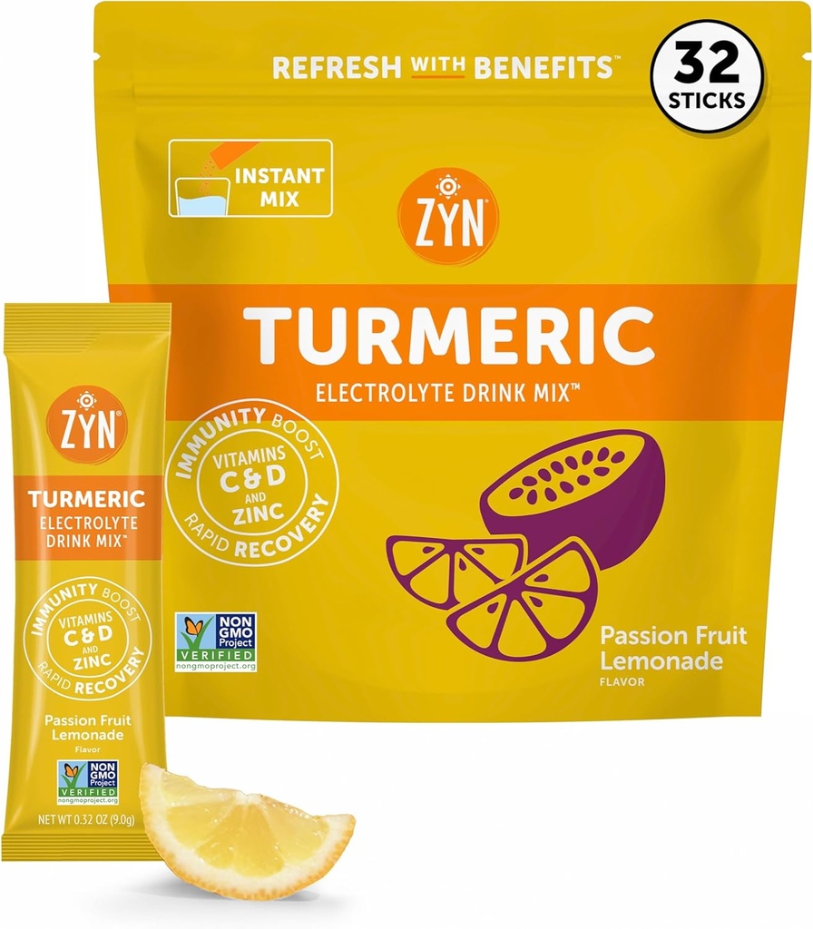 ZYN Electrolyte Drink Mix Hydration Packets, Passion Fruit Electrolytes Powder, Hydration Packets w/Turmeric Curcumin, Vitamin C & D, Zinc, Hydrate & Recover Electrolyte Powder, Pack of 32