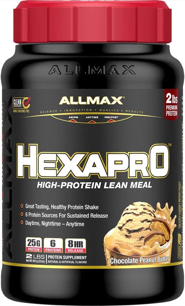 ALLMAX HEXAPRO, Σοκολάτα Φυστικοβούτυρο - 2 λίβρες - 25 γραμμάρια πρωτεΐνης ανά υπηρεσία - 8 ώρες Παρατεταμένη απελευθέρωση - Zero Sugar - 21 εξυπηρετούν